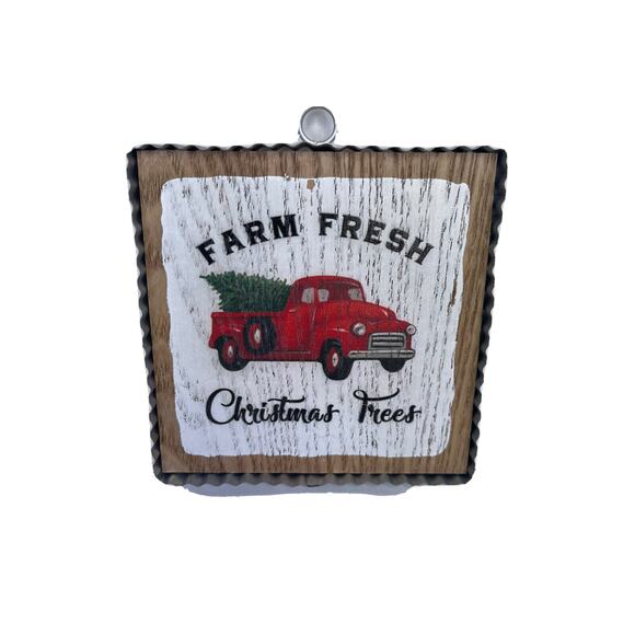 Farm Fresh Sign Christmas Trees Red Truck Spruce 4"x4" Home Decor - Picture 1 of 8